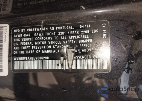 2014 Volkswagen Eos Sport from USA, damaged, VIN WVWBW8AH2EV006290
